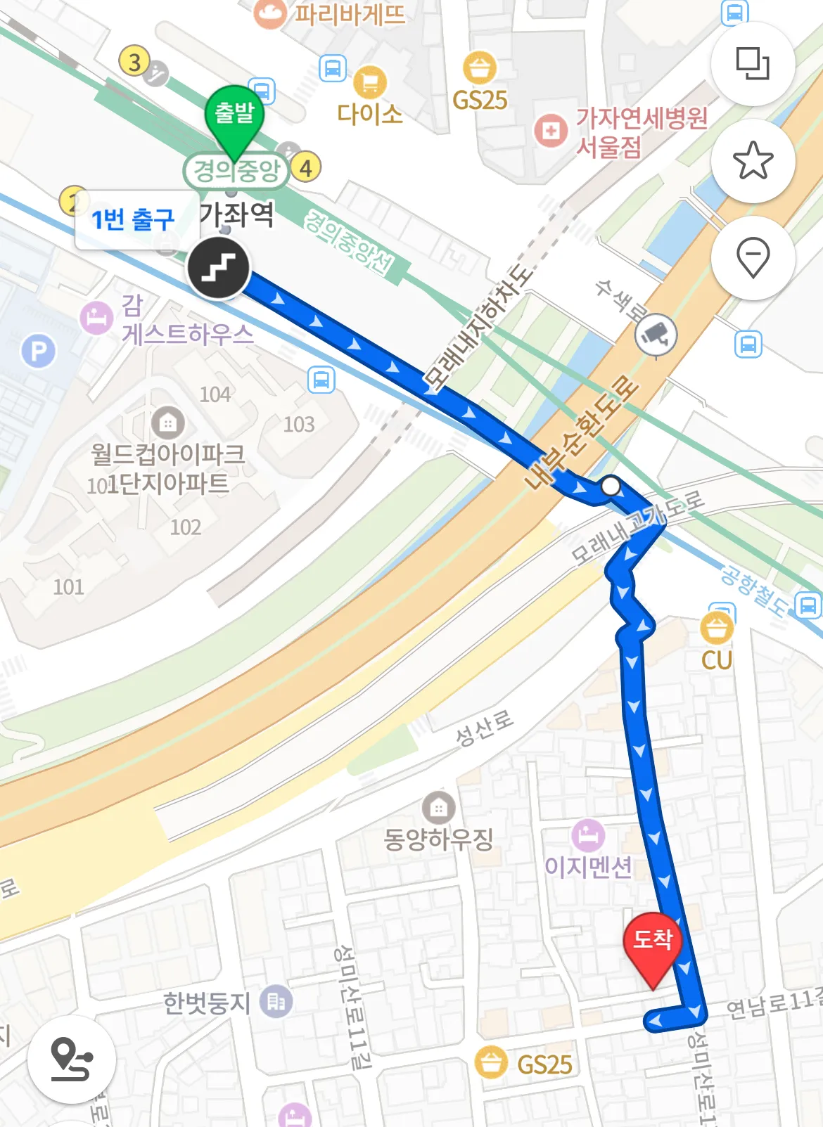 가좌역에서 숙소까지 도보 경로